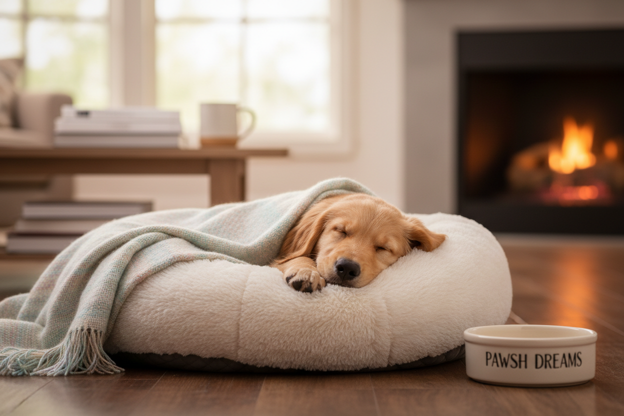 Cozy puppy on luxury bed
