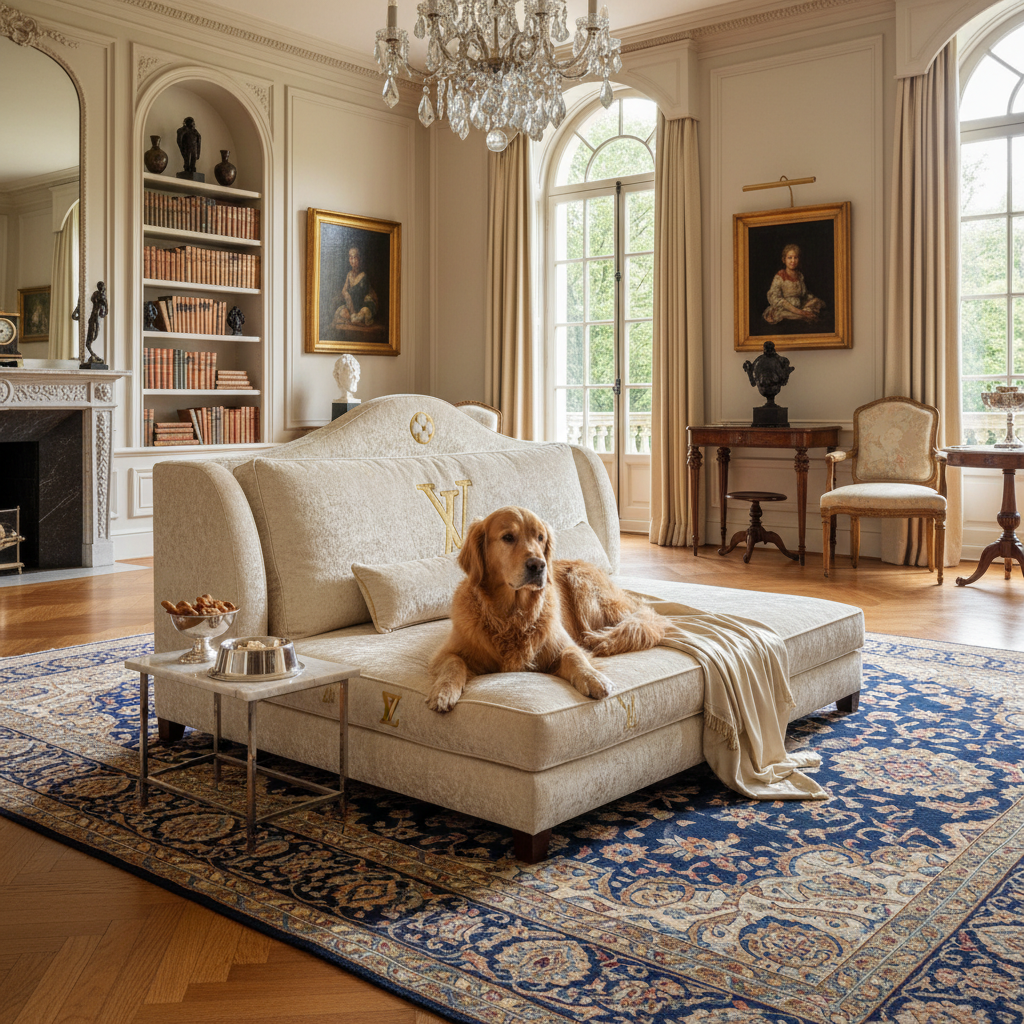 Dog on luxury designer bed