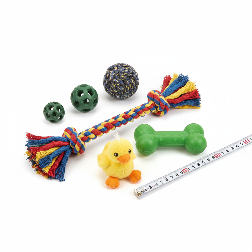 Dog toys with size reference