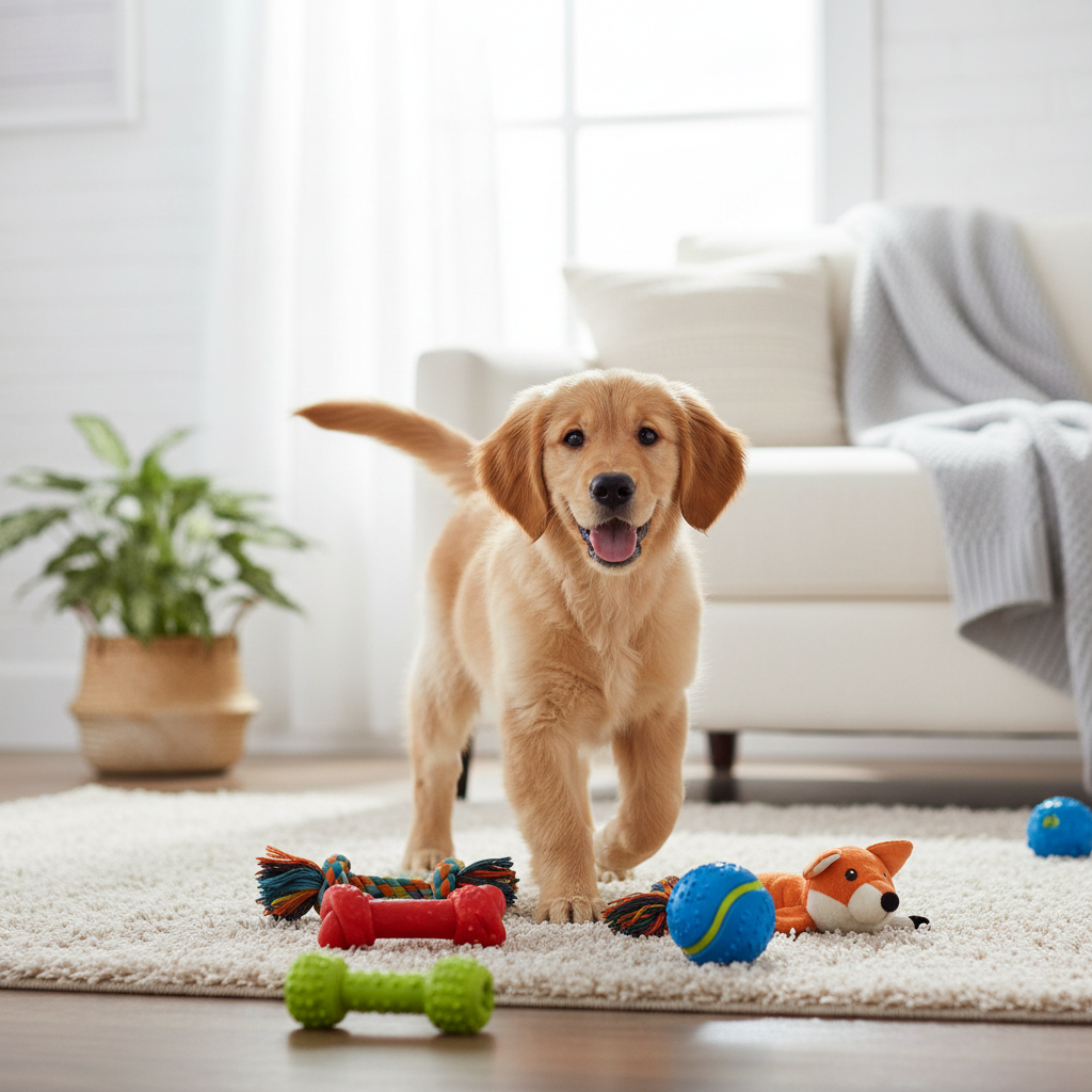 Puppy playing with toys