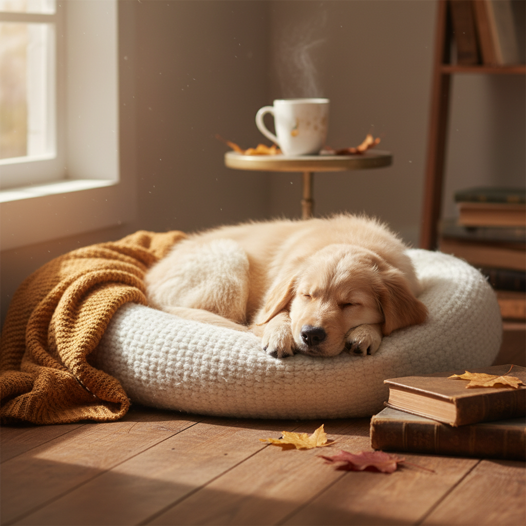 Puppy sleeping on bed
